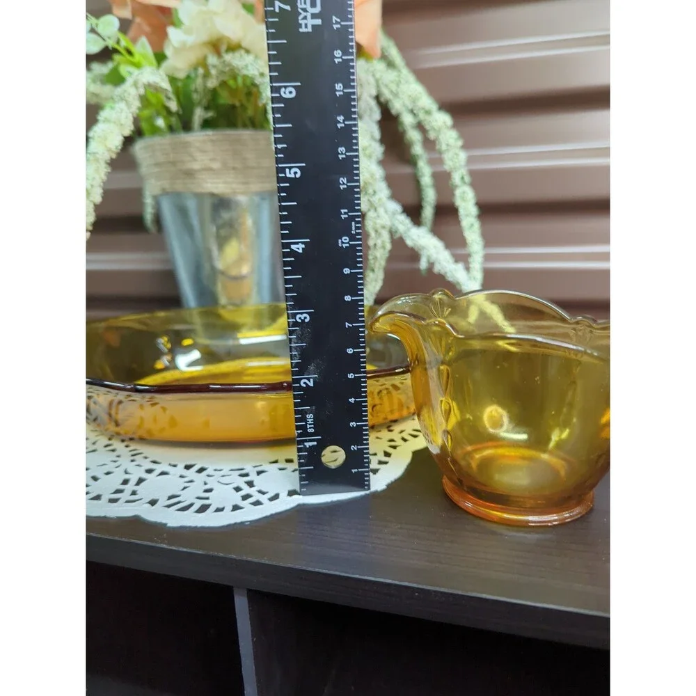 Vintage Amber Pressed Glass Creamer and Tea Platter‎ Tray Serving Dish Plate
